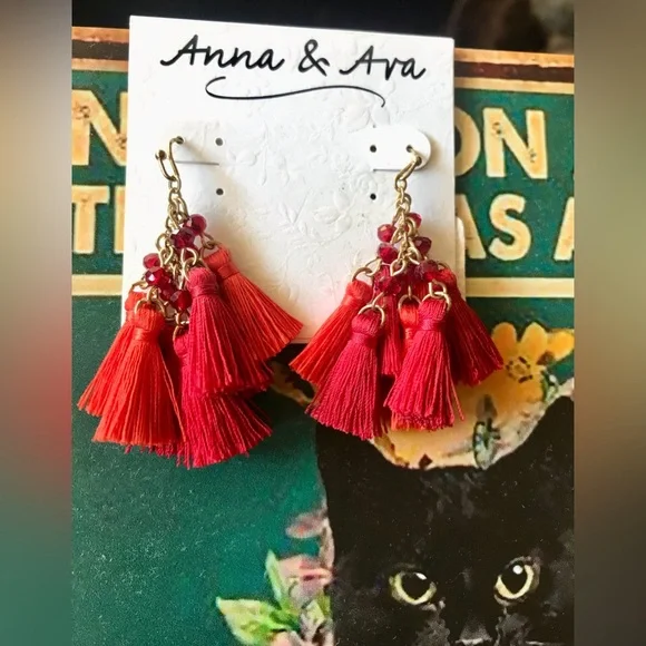 Red Tassel Earrings - Picture 2 of 4